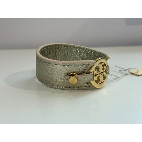 NWT TORY BURCH Metallic Logo Skinny Double Snap Off Leather Bracelet Cuff - Picture 5 of 5